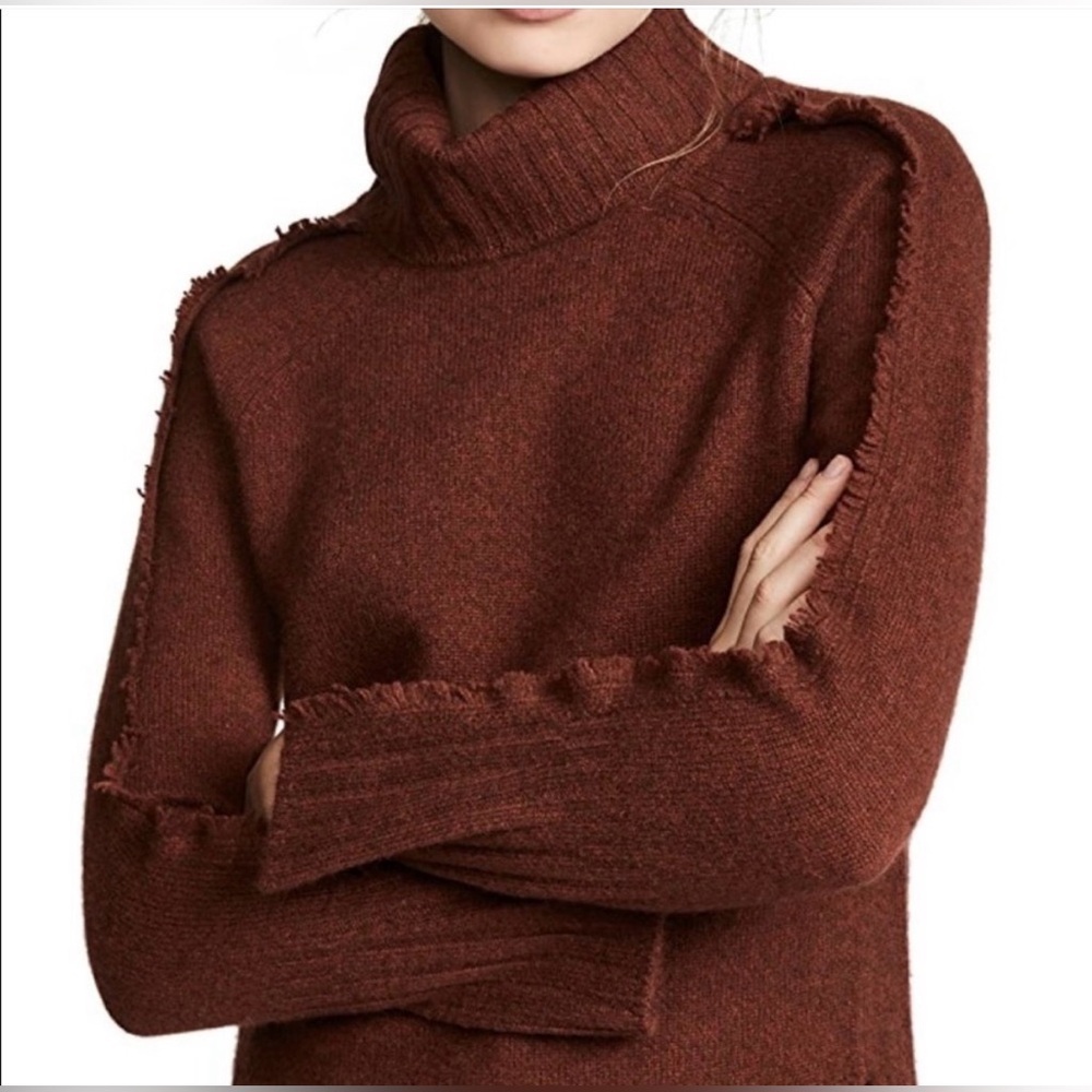 Brochu Walker Premium 100% Cashmere Jolie Fringe Turtleneck Warm Brown - Size XS